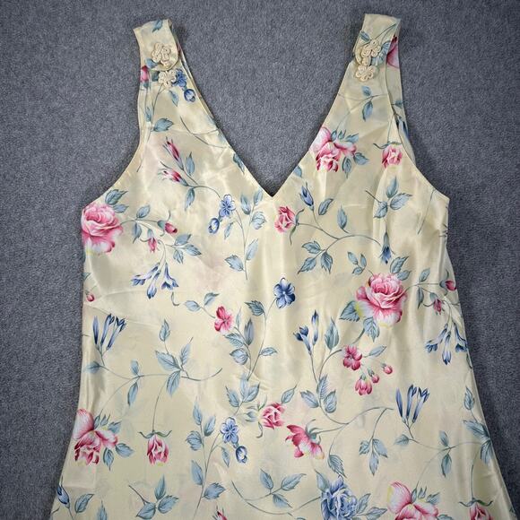 Intimate Essentials Vintage 90's Satin Slip Gown Women's Medium Yellow Floral - Picture 3 of 8